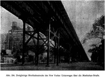 Abb. 334. Dreigleisige Hochbahnstrecke des New Yorker Unterweges über die Manhattan-Straße.